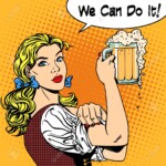 Girl waitress with beer says we can do it. Oktoberfest beer festival brewery restaurant holiday party. Womens business strong gender feminism. Retro style pop art. Woman in traditional Bavarian clothes